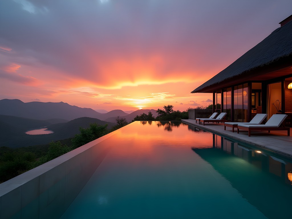 Infinity pool at Elephant Plains Lodge overlooking crater lakes in Queen Elizabeth National Park at sunset