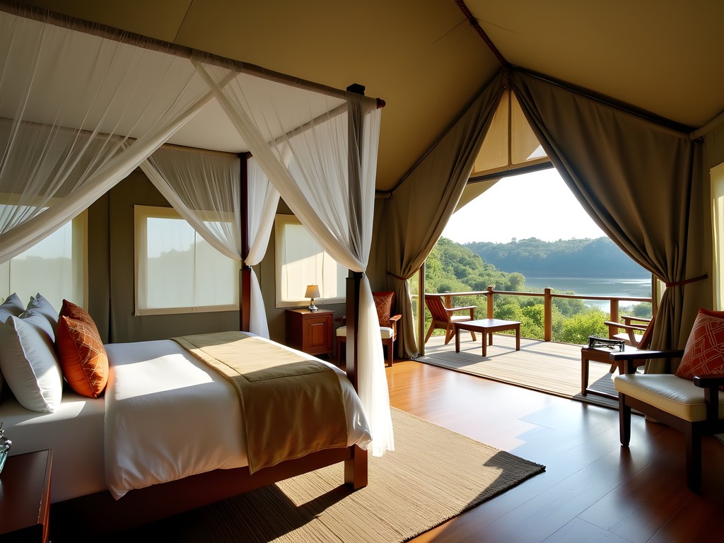Luxury safari tent interior at Ishasha Wilderness Camp with view of Ntungwe River, Queen Elizabeth National Park
