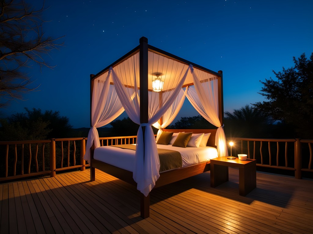 Star-bed experience at Katara Lodge with bed rolled out onto private deck overlooking Queen Elizabeth National Park at night