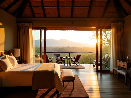 Luxury banda cottage at Kyambura Gorge Lodge with sunrise view over Queen Elizabeth National Park
