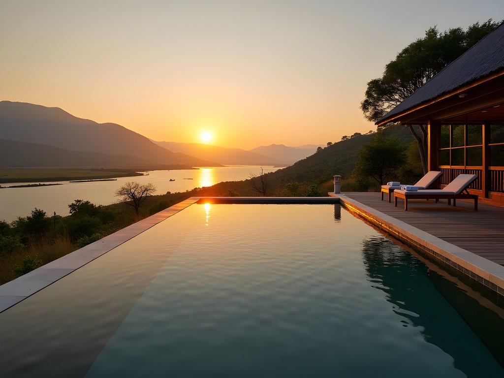 Sunset view from Mweya Safari Lodge overlooking Kazinga Channel in Queen Elizabeth National Park