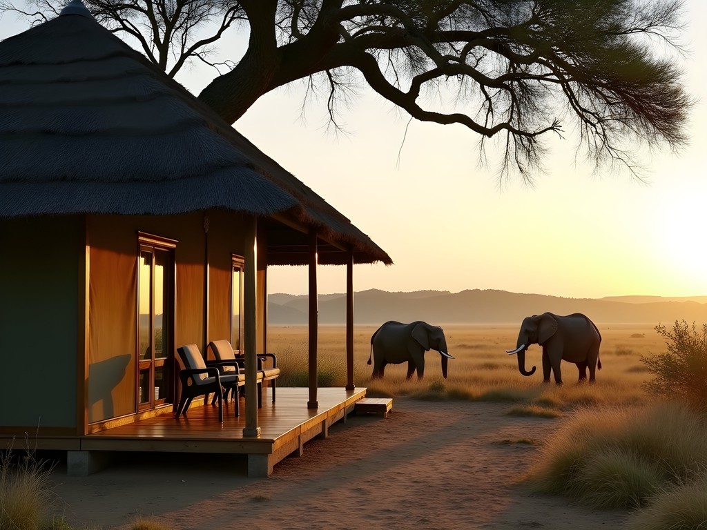 Simple safari accommodation with elephants visible in the near distance