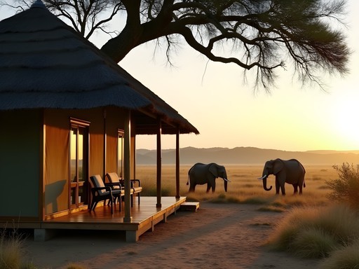 Simple safari accommodation with elephants visible in the near distance