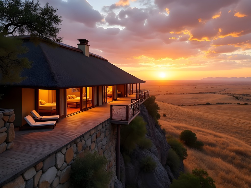 Sunset view from Kyambura Gorge Lodge overlooking Queen Elizabeth National Park savanna