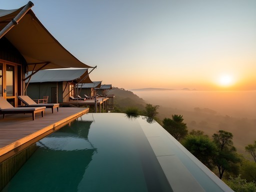 View from Marafiki Safari Lodge showing safari tents overlooking Queen Elizabeth National Park plains