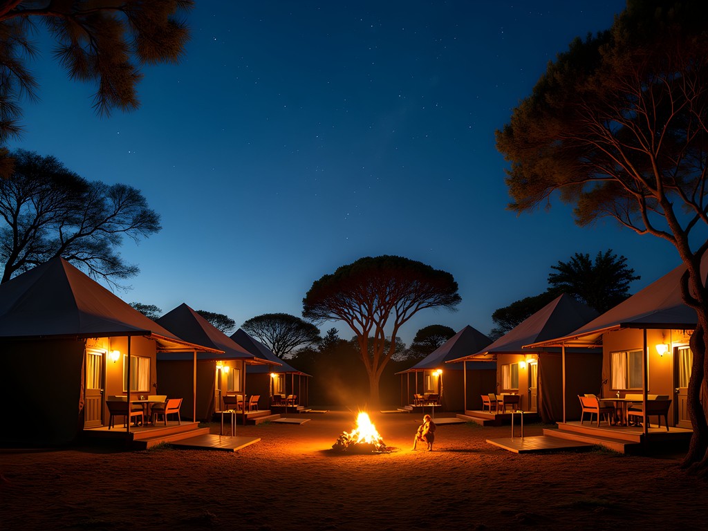 Evening at Simba Safari Camp with traditional safari tents and campfire under starry sky
