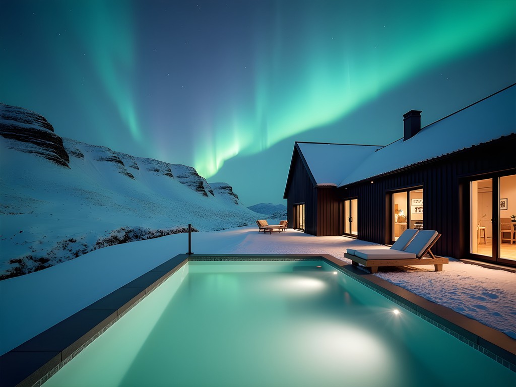 Steaming geothermal infinity pool at Deplar Farm with snow-covered mountains in background and Northern Lights overhead