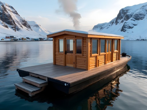 Floating wooden sauna boat in an East Iceland fjord with snow-capped mountains in background