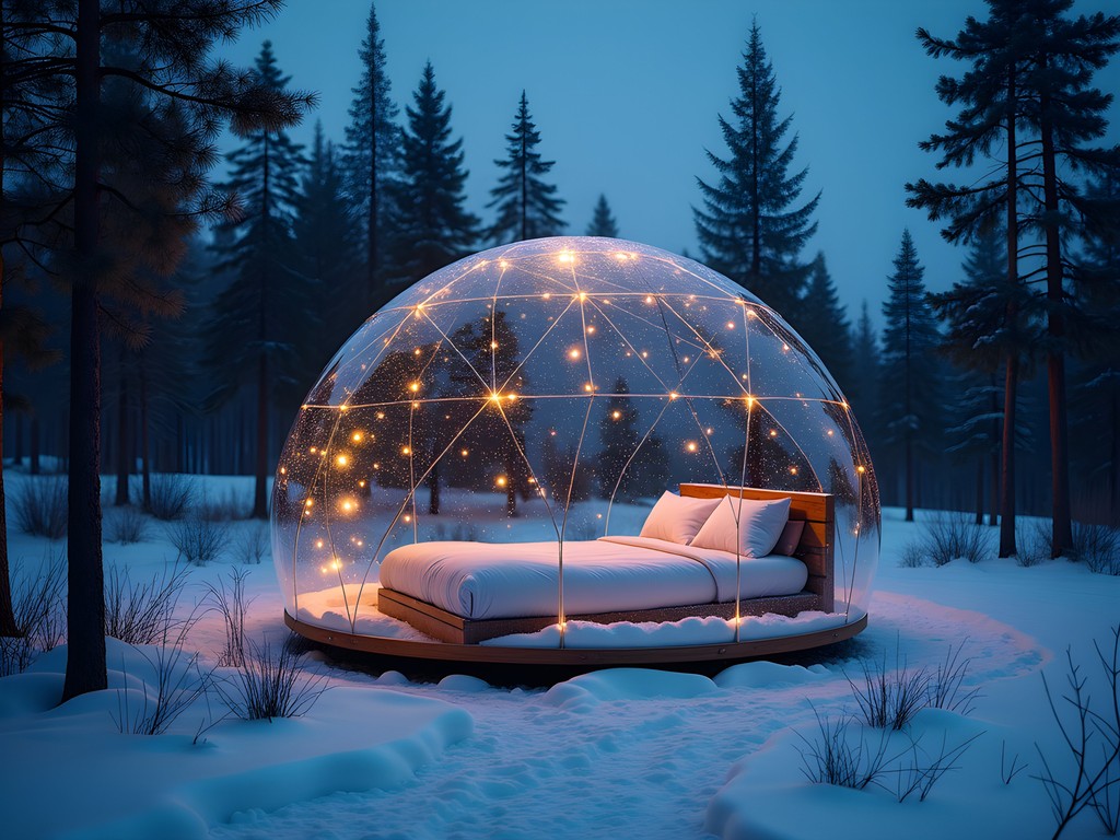 Transparent bubble hotel room in snowy forest under starry Icelandic night sky