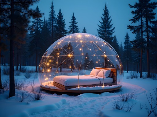 Transparent bubble hotel room in snowy forest under starry Icelandic night sky
