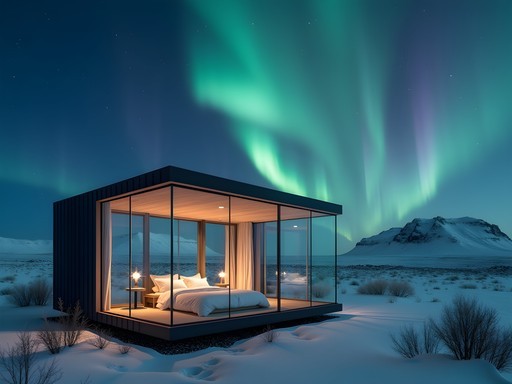 Glass cabin in South Iceland with Northern Lights visible through ceiling and walls