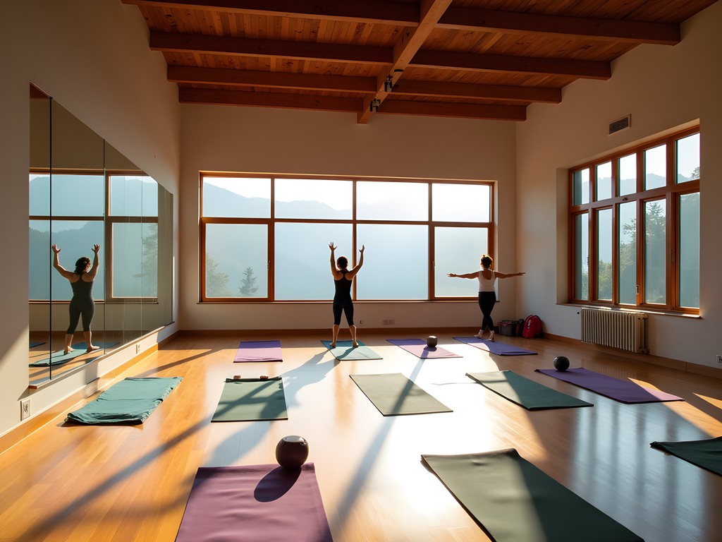 Yoga practice hall at a mid-range ashram in Rishikesh with mountain views
