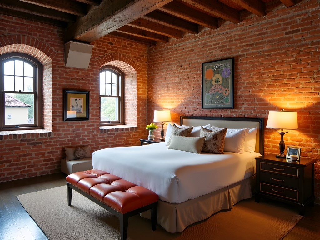 Exposed brick walls and timber beams in converted pottery works boutique hotel room with handcrafted ceramic decor