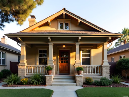Historic Craftsman bungalow with deep front porch and architectural details in Riverside's Wood Streets neighborhood