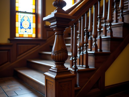Ornate Victorian woodwork and staircase in Riverside Heritage House showing craftsmanship details