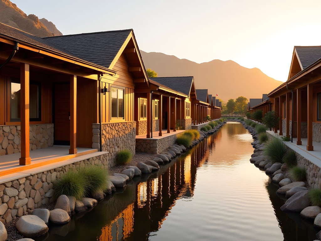 Modern cottage accommodations alongside historic irrigation canal in Riverside with mountain views at sunset
