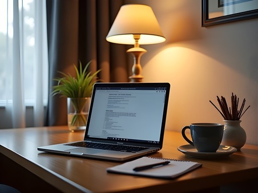 Practical hotel work desk setup in a chain hotel in Riverside with laptop and business materials