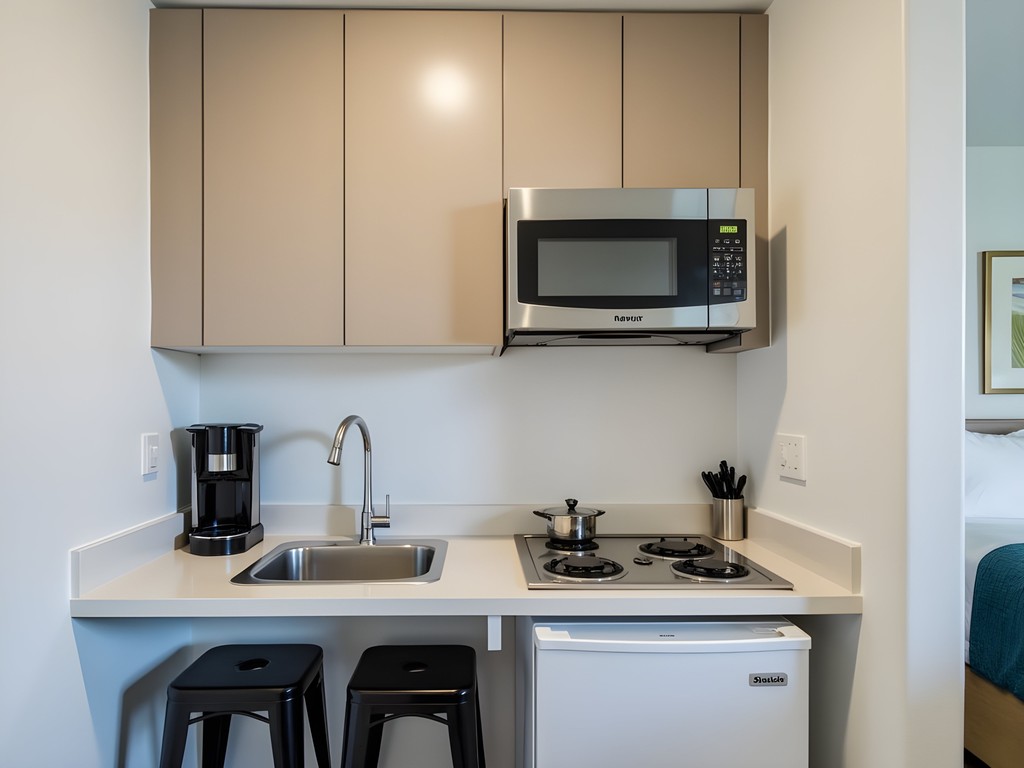 Modern kitchenette in an extended-stay hotel suite in Riverside with dining counter and basic cooking facilities