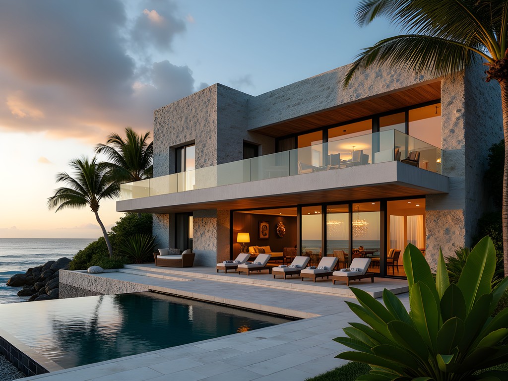 Historic stone walls of the original Dutch fort integrated with modern beachfront villa architecture at Fort Recovery