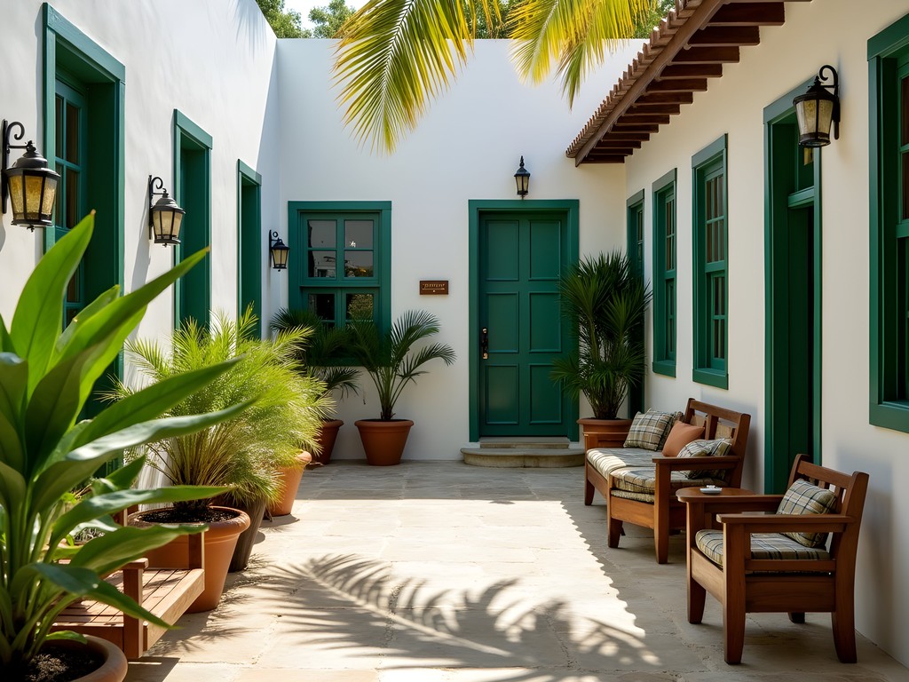 Colonial architecture and tropical garden courtyard of the Heritage Inn in Road Town's historic district