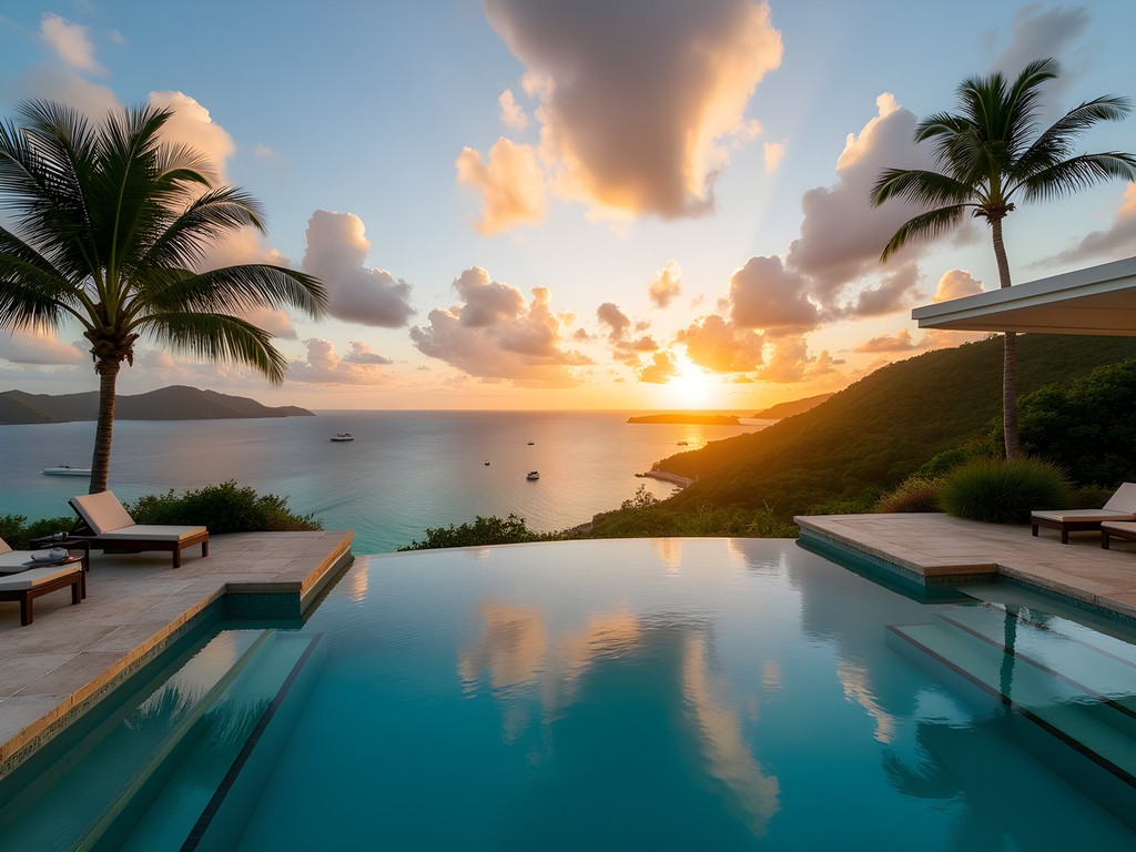 Three-tiered infinity pool at Scrub Island Resort overlooking the Caribbean Sea at sunset