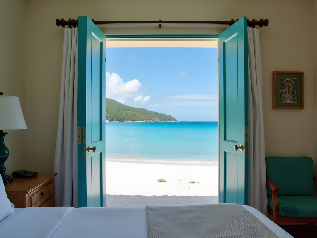 View from a beachfront room at Sebastian's on the Beach showing direct access to Little Apple Bay