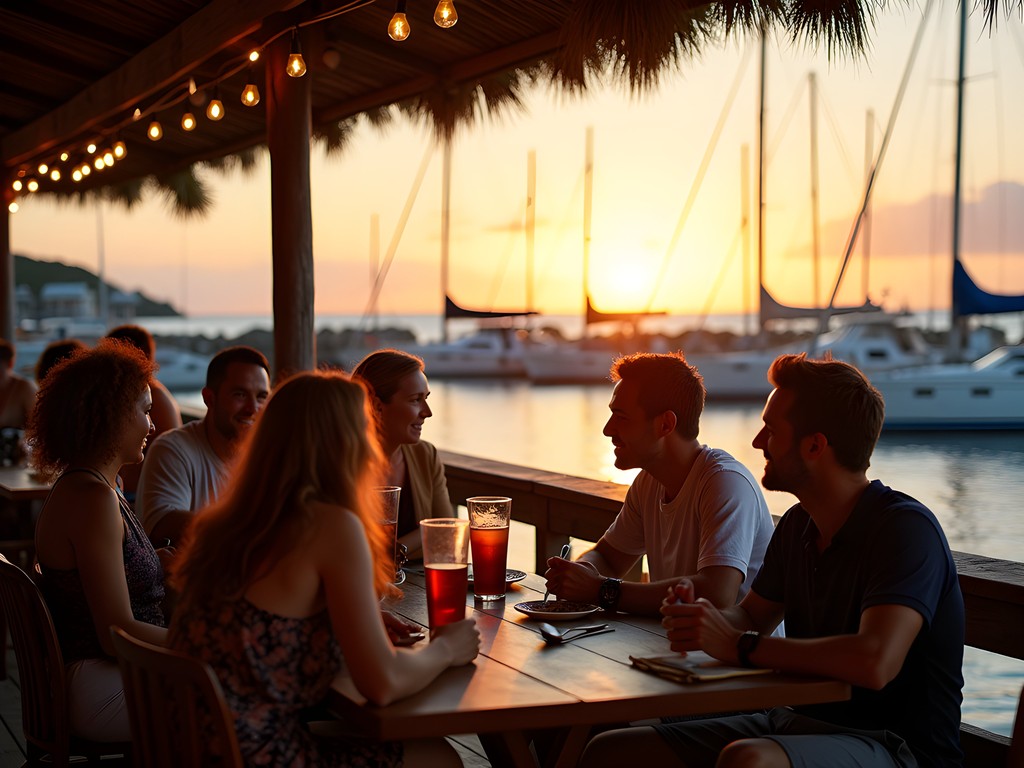 Sunset gathering of sailors and travelers at Village Cay Marina's waterfront restaurant and bar