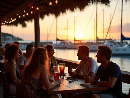 Sunset gathering of sailors and travelers at Village Cay Marina's waterfront restaurant and bar