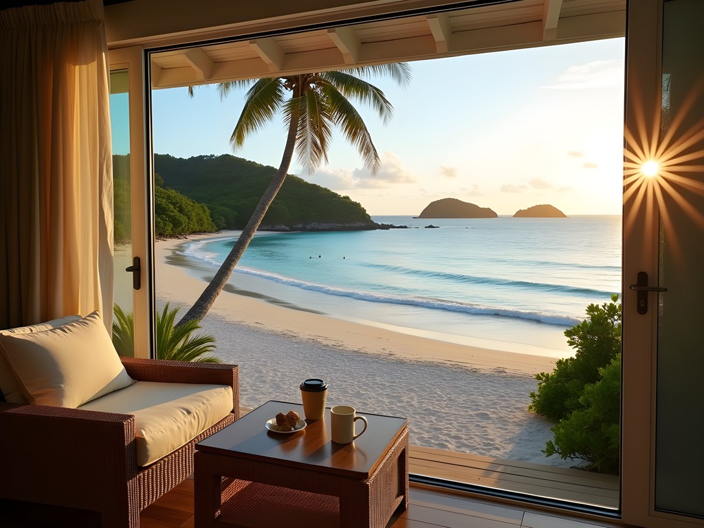 Sunrise view from a balcony at Wyndham Lambert Beach Resort overlooking the Caribbean Sea