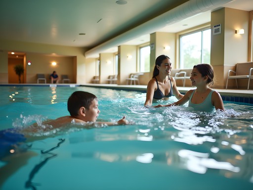 Indoor hotel pool at Kahler Grand Hotel Rochester with families swimming