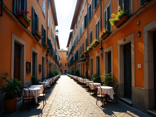 Quiet morning street in Monti neighborhood with colorful buildings and small cafes