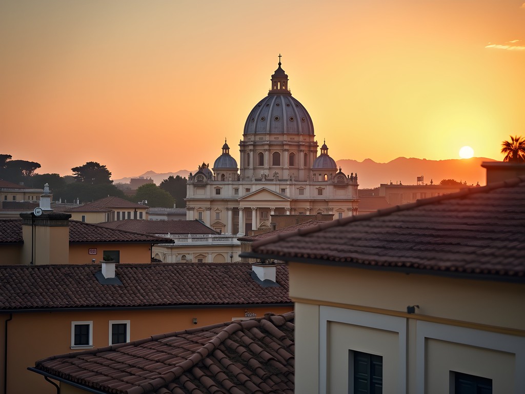 View of St. Peter's Basilica dome from a Prati neighborhood rooftop at sunset
