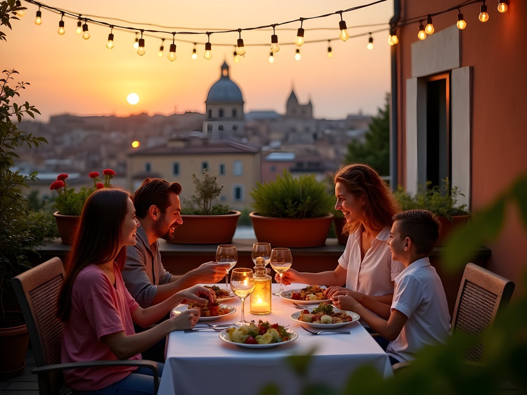 Family enjoying dinner on a Roman apartment terrace with rooftop views at sunset