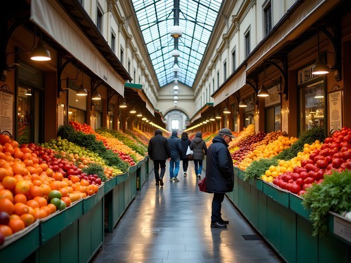Family shopping at colorful produce stands in Testaccio Market