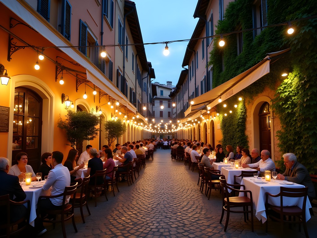 Evening scene in Trastevere with families dining at outdoor restaurants under string lights