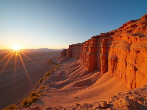 Dramatic sunrise over the orange Flaming Cliffs of Bayanzag in Mongolia's Gobi Desert