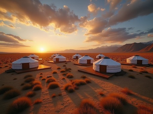 Luxury ger camp at sunset with traditional white tents against Gobi Desert mountains