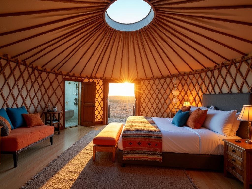 Interior of luxury ger tent with traditional Mongolian décor and modern amenities at sunset