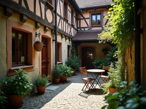 Secret courtyard in Rothenburg with medieval architecture and potted herbs