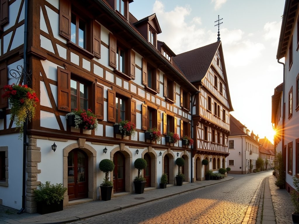Historic timber-framed Hotel Gotisches Haus in Rothenburg at dawn with golden light