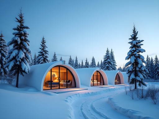 Exterior view of Arctic Fox Igloos with snow-covered landscape and frozen lake