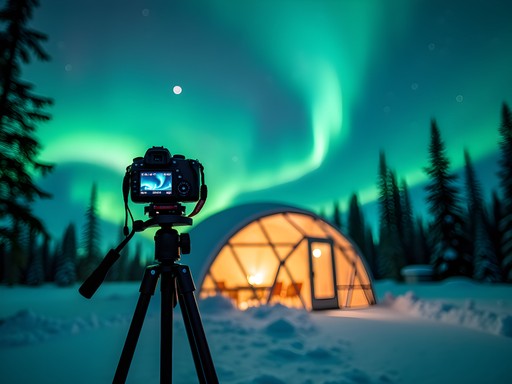 Camera setup for Northern Lights photography outside a glass igloo