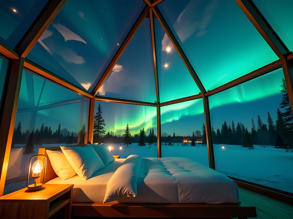 Interior view of a luxury glass igloo in Rovaniemi with Northern Lights visible overhead