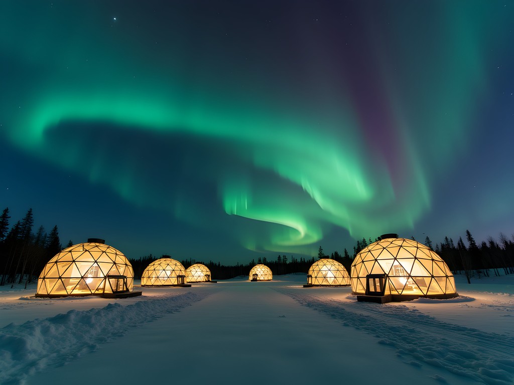 Multiple glass igloos at Kakslauttanen Arctic Resort under the Northern Lights