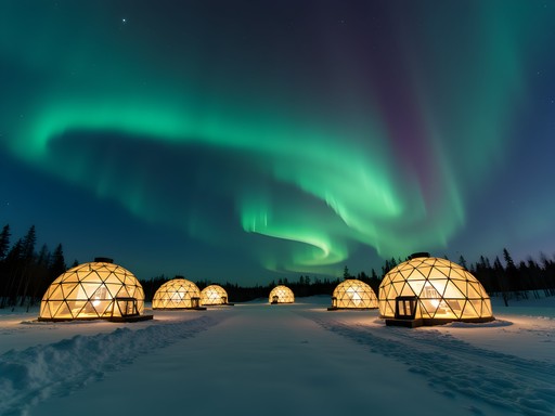 Multiple glass igloos at Kakslauttanen Arctic Resort under the Northern Lights