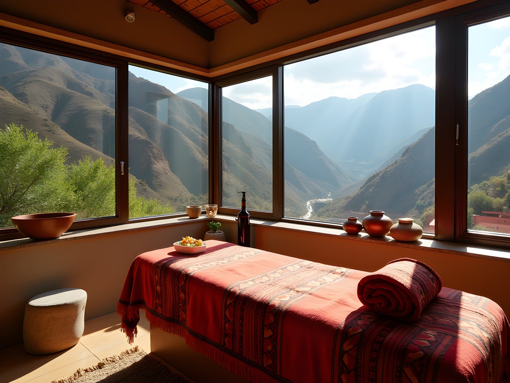 Luxury spa treatment room in Sacred Valley resort with panoramic mountain views and traditional Andean wellness elements