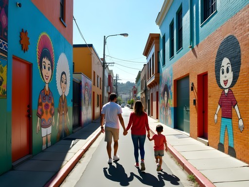 Family exploring colorful murals in San Francisco's Mission District on sunny day