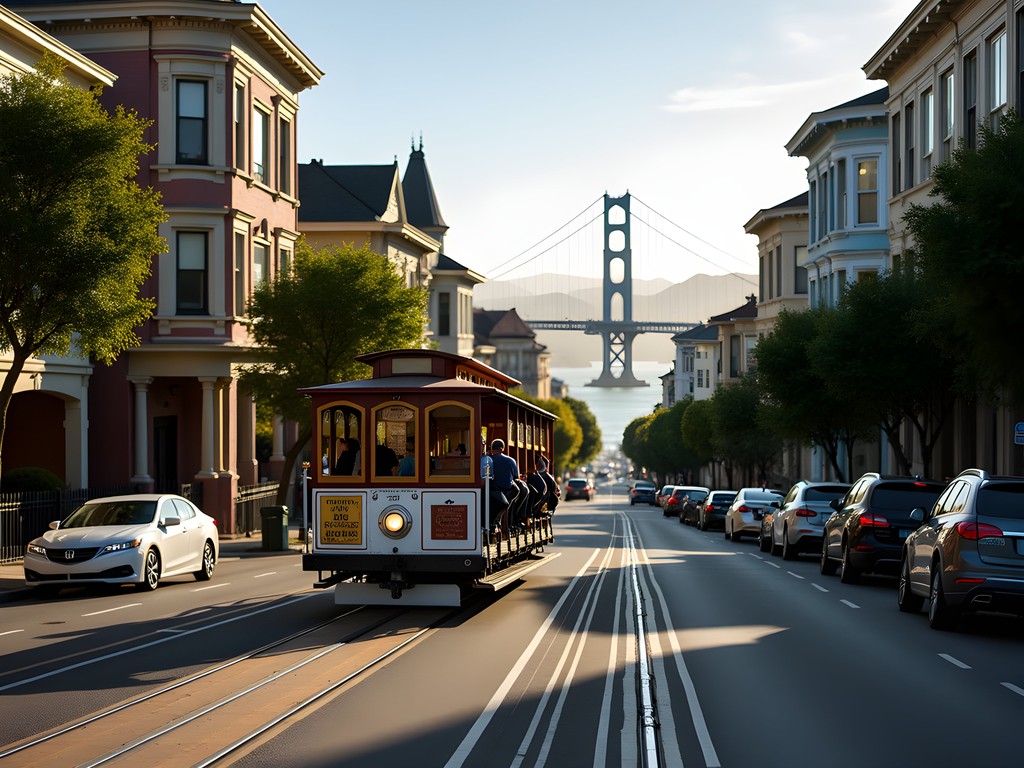 Iconic view of San Francisco cable car climbing Nob Hill with Bay Bridge visible in distance