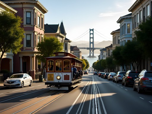 Iconic view of San Francisco cable car climbing Nob Hill with Bay Bridge visible in distance