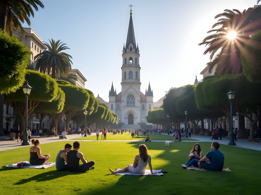 Family relaxing in Washington Square Park with Saints Peter and Paul Church in background